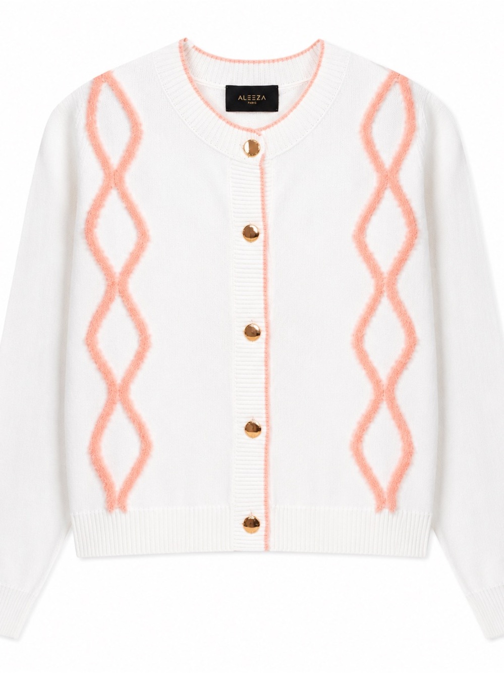 ALEEZA PARIS White Cardigan with Coral Pink Diamond Trim